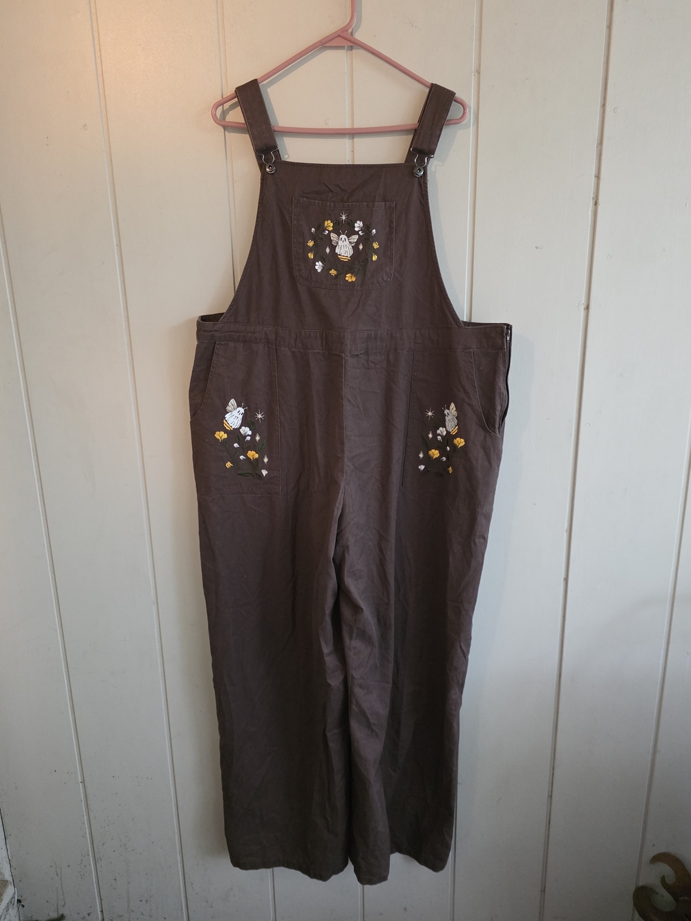 Hot Topic Ghost Bee Brown Embroidered Wide Leg Overalls sz 3XL Whimsigoth